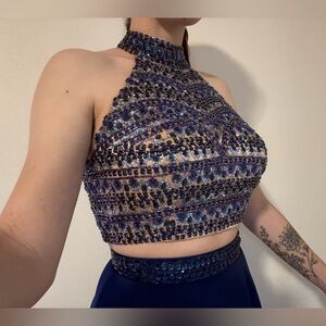 Sherri Hill Blue and Teal Embellished Halter Dress Two Piece